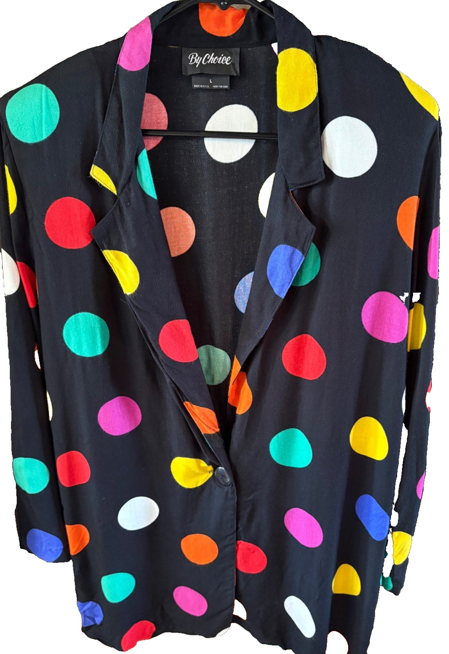 Retro 1970s/80s HUGE COLORFUL POLKA DOTS on BLACK BLAZER JACKET Pink Red Blue L!